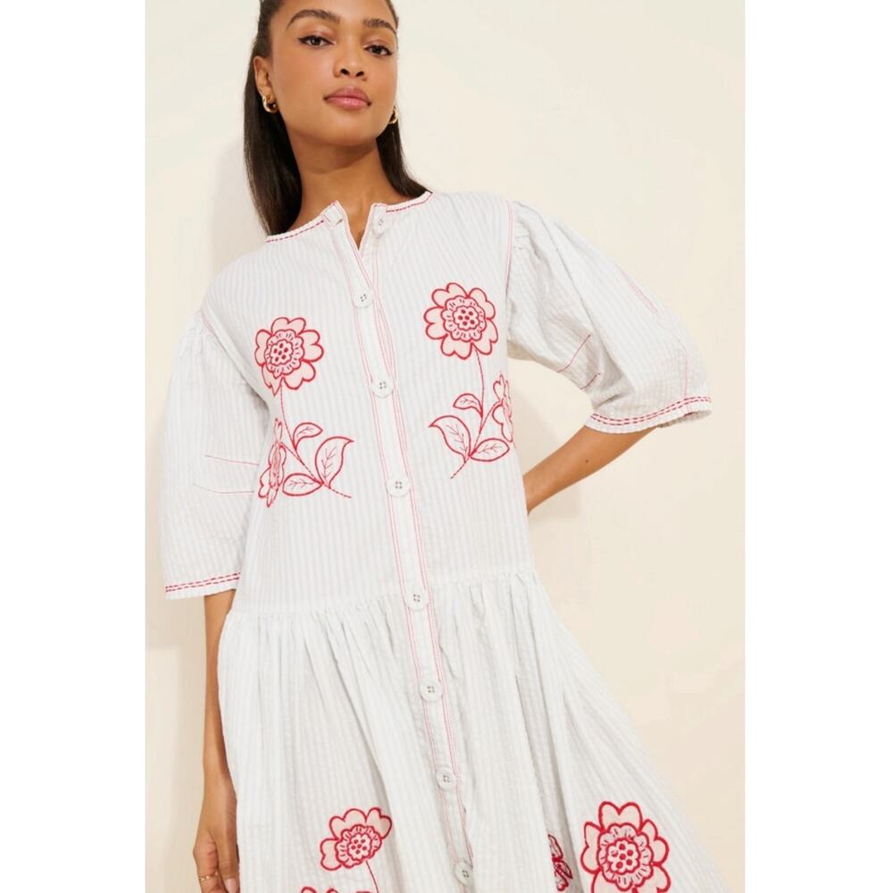Free People Embroidered Cottage Bohemian Seersucker Saugatuck Midi Dress Medium - Picture 12 of 13